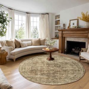 FMFUNCTEX 8ft Round Washable Area Rug Brown Vintage Neutral Distressed Large Non Slip Carpet for Living Room Bedroom Soft Low Pile Indoor Mat Retro Floral Throw Rug for Dining Kitchen Office Nursery