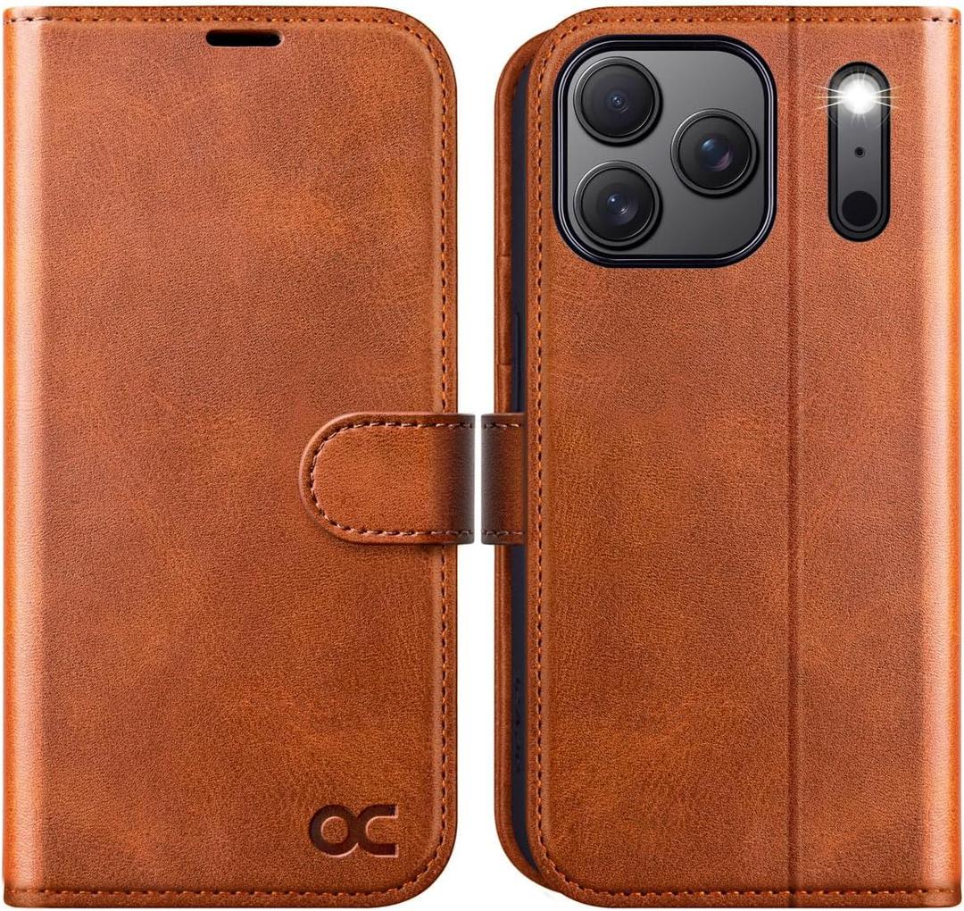 OCASE Compatible with iPhone 17 Pro Wallet Case, PU Leather Flip Folio Case with Card Holders RFID Blocking Kickstand [Shockproof TPU Inner Shell] Phone Cover 6.3 Inch 2025, Brown