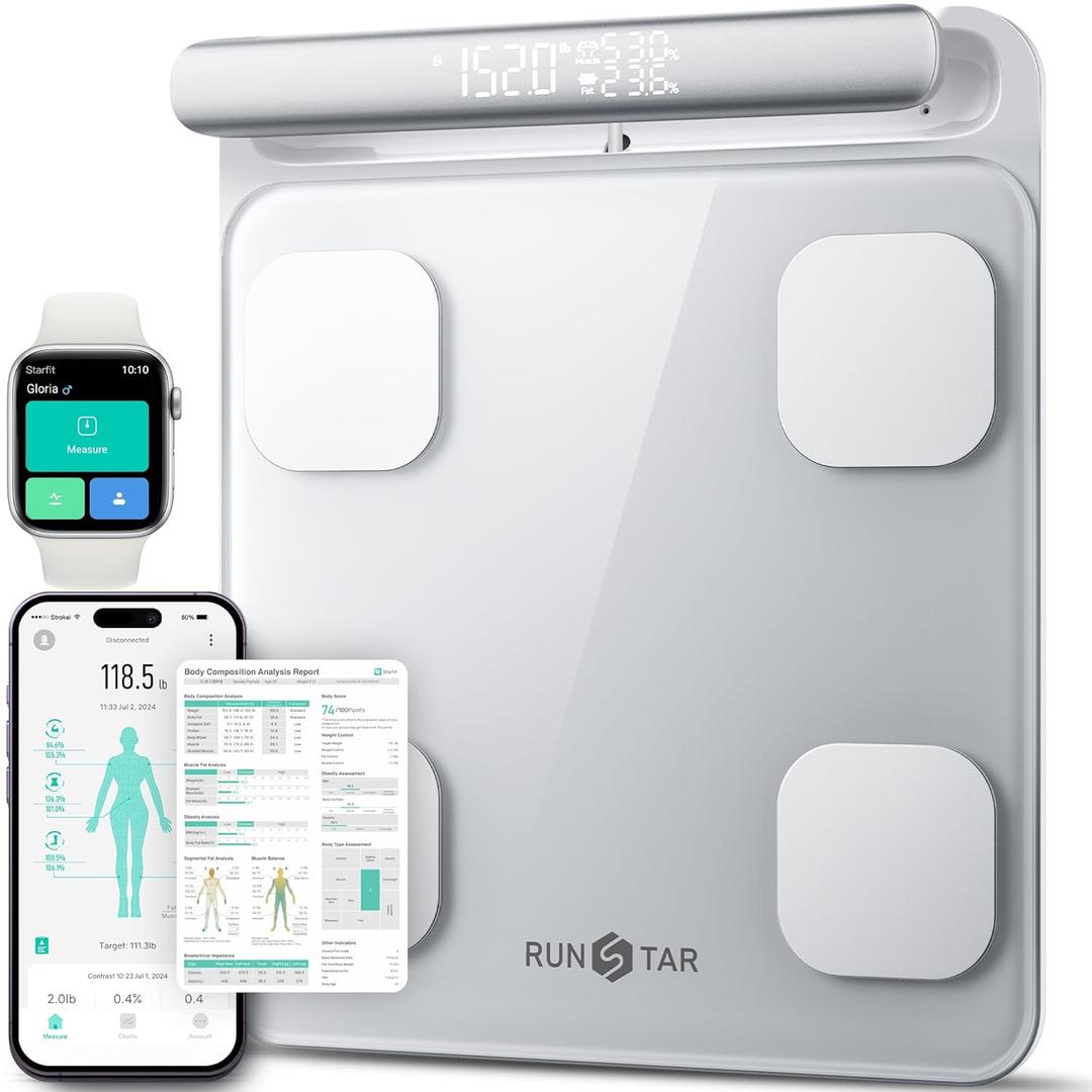 RunStar Smart Scale for Body Weight and Fat Percentage FSA&HSA Eligible, 8Electrode Digital Bathroom Scale with BMI, Body Fat & Muscle Mass to 28 Body Composition and Printable Body Analysis Report