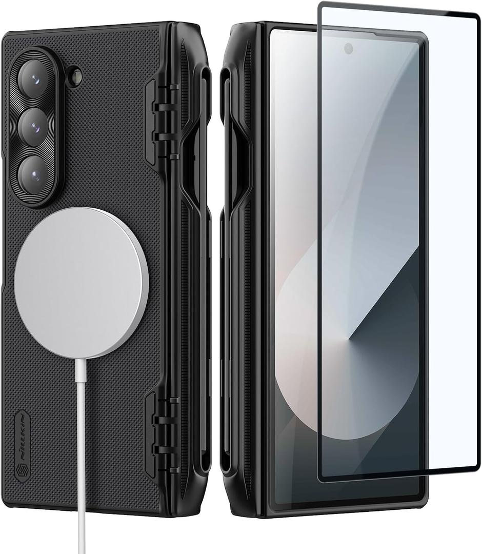 Nillkin Magnetic for Galaxy Z Fold 6 Case with S Pen Holder, Hinge Protection, Compatible with Magsafe, Built-in Screen Protector, Slim Fit Protective Phone Case for Samsung Galaxy Z Fold 6, Black