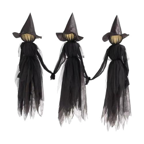 3Pcs Witches Halloween Home Decorations, Scary Light Up Holding Hands Screaming Witches with Stakes, Standing Witches for Outdoor Garden Yard Lawn Haunted House Decoration (Black)