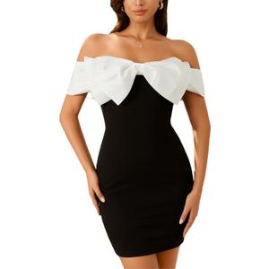 Floerns Women's Off Shoulder Short Sleeve Mini Dress Bow Front Bodycon Dresses (Medium, Black and White)
