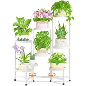 8 Tiered Folding Plant Stand Indoor for Multiple Large Planter, Tall Heavy Duty Adjustable Rack with Rust Proof Plastic Shelving, Sturdy Vertical Tree Organizer for Narrow Inside Floor, White