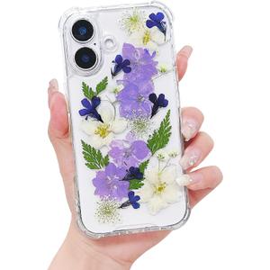 Compatible with iPhone 16 Case for Women,Cute Pressed Dried Real Flowers Design Clear Shockproof Phone case Cover for iPhone 16 (Purple Flower)