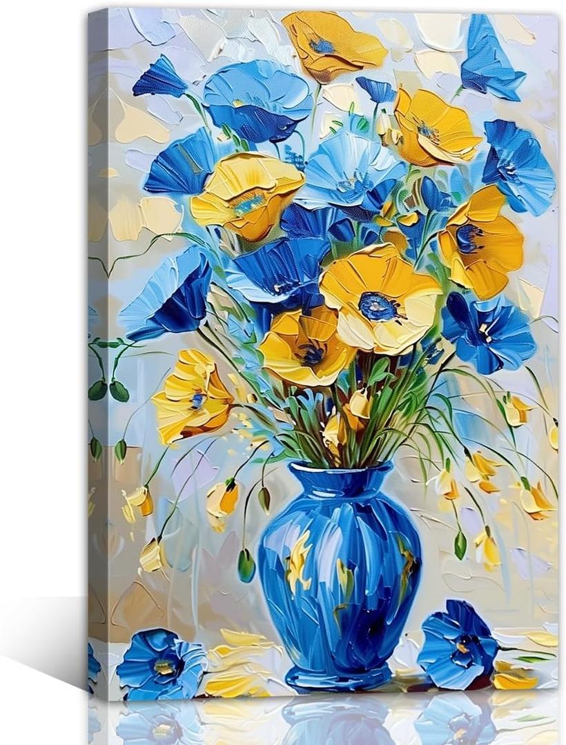Blue and Yellow Flowers Wall Art Framed（Floral-2,16x24inch (40x60cm)