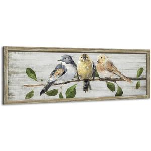 Rustic Bird Framed Wall Art: Vintage Animal Wooden Painting Abstract Colorful Cute Sparrow Picture Country Chubby Chickadee Prints Artwork Decor for Living Room Bedroom Farmhouse (36"L x 12"W, yellow)