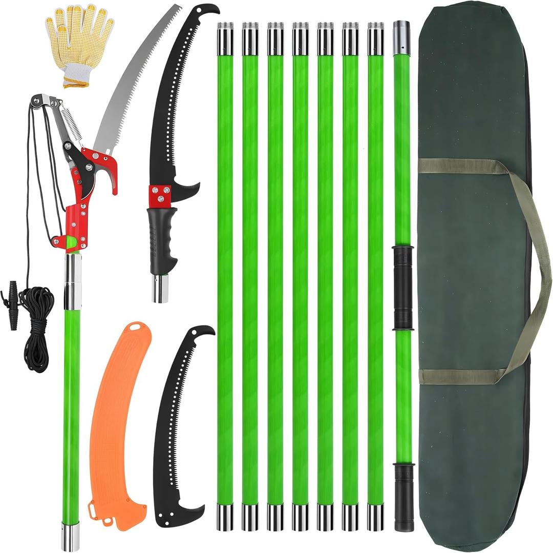30 Ft Manual Pole Saw, Extendable Tree Pruner Blade and Scissors Set | 9 Fiberglass Handles, Long Branch Pruner Retractable for Backyard and Garden, Bush Cutting and Pruning of Palm Trees