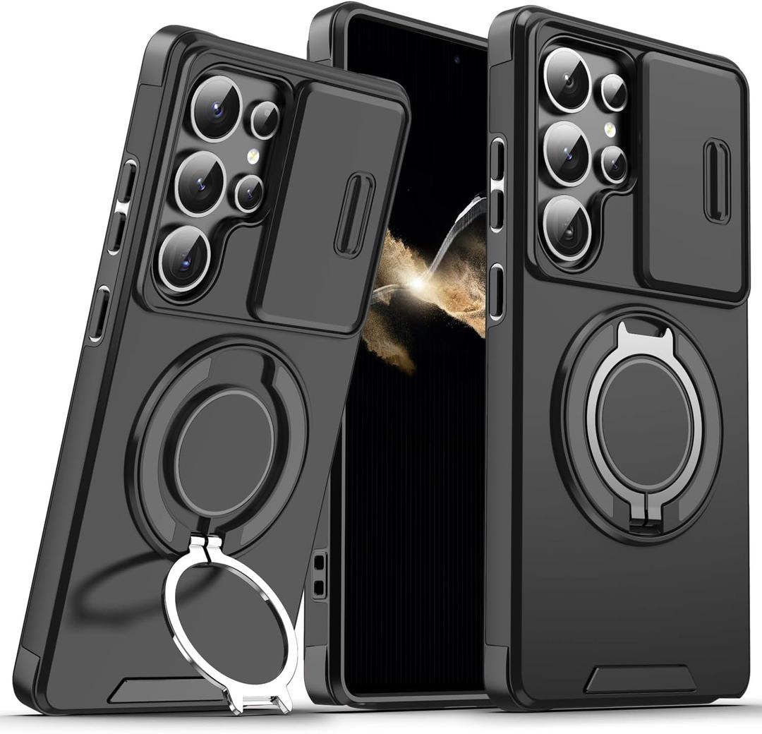 for Samsung S25 Ultra Case,with Slide Camera Lens,Screen Protector,Finger Ring Holder Kickstand,Heavy Duty Shockproof Military Grade Protective Phone Case (Black)
