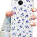 Jusy Magnetic Cute Flower Case for iPhone 15 Plus, Cute Aesthetic White Floral Pattern Phone Case Compatible with Magsafe, Soft TPU Protective Phone Cover for Women Girls - Blue Flower