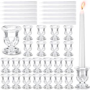 48 Pcs Glass Candlestick Holders Bulk Christmas Taper Candle Holders Decor 2.5 Inch with Long Tapered Candles for Table Centerpiece Wedding Holiday Party Decoration