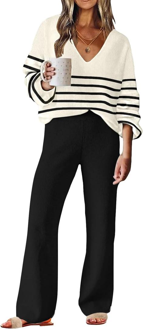 ETCYY NEW Womens 2 Piece Outfits Sweater Lounge Set Casual V Neck Knit Pajama Set Long Sleeve Top Wide Leg Pants Loungewear (Medium, Stripewhite)