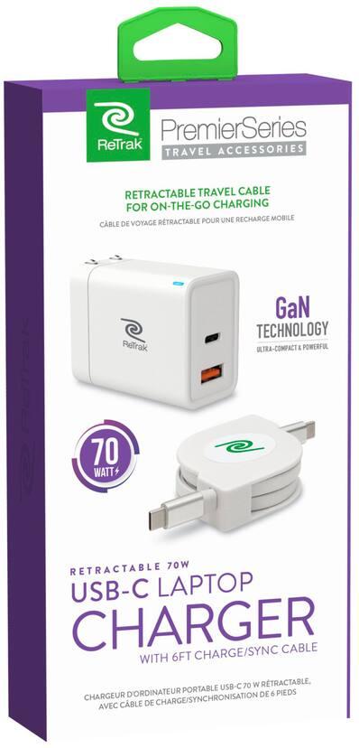 ReTrak Retractable 70W USB-C Laptop Charger with 6Ft Charge/Sync Cable