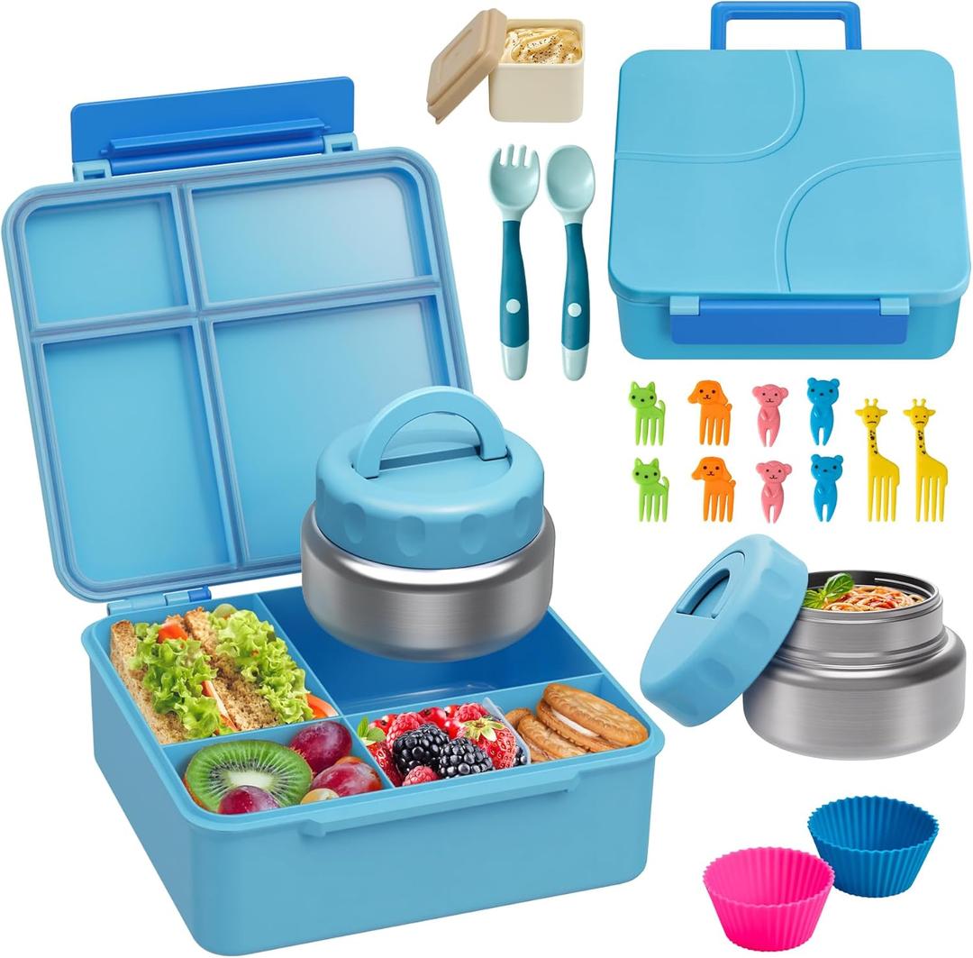 Bento Lunch Box with 9.5 oz Soup Thermo, Kids Leakproof 4 Compartments Bento Box with Silicone Cupcake,Fruit Fork,Spoon and Sauce Cup,Insulated Food Jar for School Travel-Blue