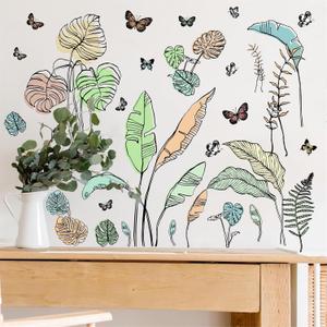 Palm Leaves Wall Decals Boho Tropical Leaves Wall Sticker Removable Green Plant Leaf Walls Decal Peel and Stick Tropical Leave Butterflies Vinyl Art Mural for Bedroom Living Room TV Background Decor