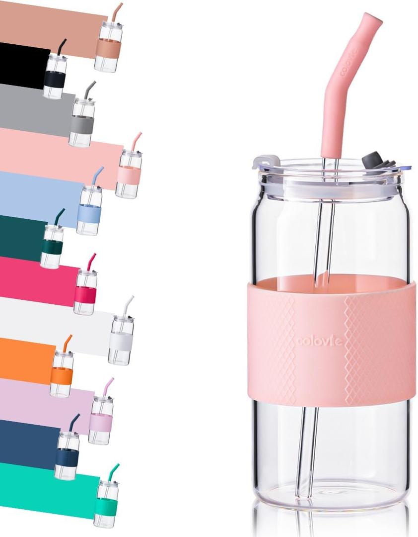 ColoVie Glass Tumbler with 3 IN 1 Lids and Glass Straws(Extra Silicone Tips), Silicone Protective Sleeve, Iced Coffee Cup, Travel Water Bottle, Soda Beer Glass Cups, Hot Tea-Pink 20oz 1pc