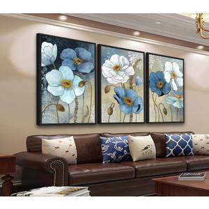 ASDCEUTICALS Large Framed Wall Art - Boho Flowers Wall Decor, Retro Floral Pictures, Blue White Botanical Canvas Prints for Bedroom Living Room Bathroom Kitchen Office Artwork 24" X 36" X 3 Pcs (Teal)