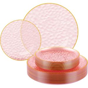 FOCUSLINE 60Pcs Clear Plastic Plates, Pink Disposable Plates with Gold Rim, 30 7" Salad Dessert Plate and 30 10" Dinner Plate Heavy-duty Hammered Plates for Party, Wedding