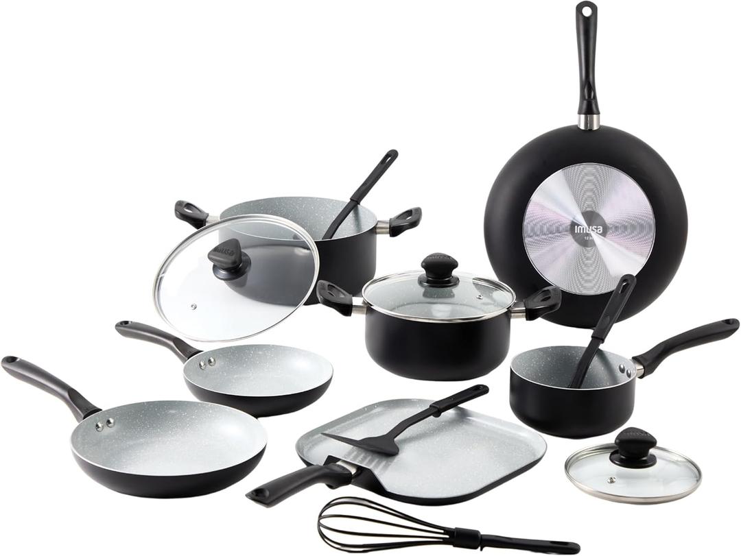 IMUSA Nonstick Ceramic Cookware Set 14-Piece, with Soft-Touch Handles, Aluminum, Black
