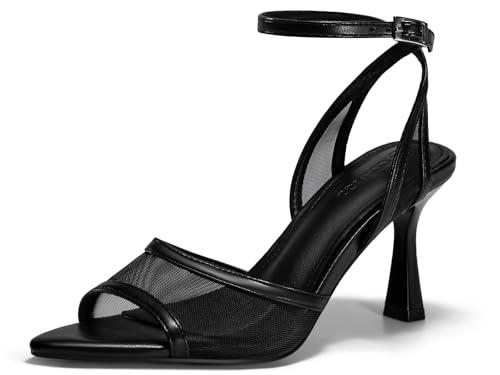 Coutgo Womens Mesh Kitten Heels Sandals Pointed Open Toe Ankle Buckle Strap Summer Dress Shoes, Black, size 9.5