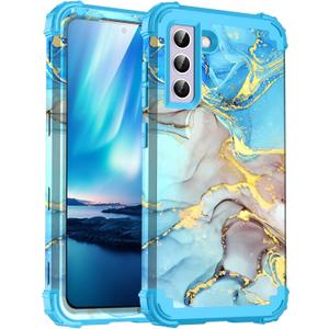 for Galacy S21 5G Case,Marble Design Three Layer Heavy Duty Shockproof Protection Hard Plastic Bumper Soft Silicone Rubber Drop Protective Cover Case for Samsung Galaxy S21 6.2 inch,(Blue)