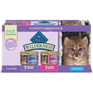 Blue Buffalo Wilderness Kitten Food, High-Protein & Grain-Free Wet Cat Food Pat Variety Pack, Chicken & Salmon Recipes, 3-oz Cans (6 Count, 3 of Each) (EXP 02/01/28)
