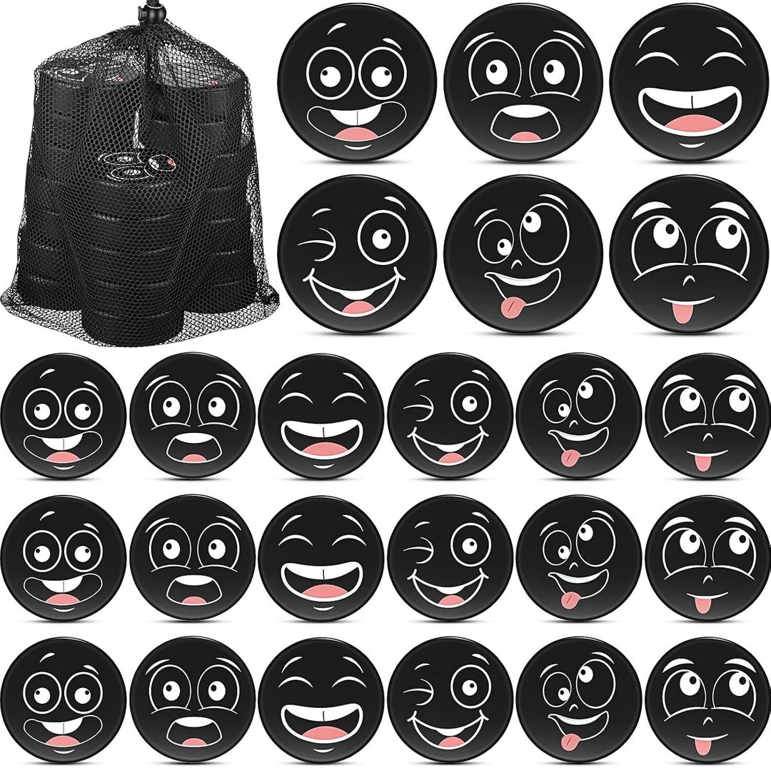 Wettarn Novelty Foam Ice Hockey Pucks 3" Emotion Mini Knee Indoor Hockey Pucks with Mesh Bag for Practicing and Training Party Favors Birthday Fun Gift Decoration (Black)