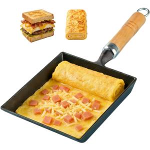 Cast Iron Tamagoyaki Pan, Japanese Egg Omelette Pan, Rectangular Breakfast Sandwich Frying Pan with Wooden Handle, Gas & Induction Compatible, Naturally Nonstick with Seasoning, 7.2 x 6.1 Inches