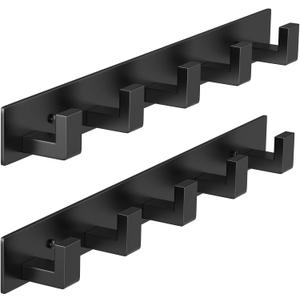 PMMASTO Coat Rack Wall Mount, Coat Hooks Wall Hooks for Hanging, Stainless Steel Coat Hanger Towel Hooks for Bathrooms, Hat Rack (Black 5 Hooks, 2 Pack)