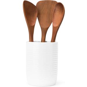 Nambe x Tom Papa Breaking Bread Canister with Acacia Wood Utensils - Contemporary Stoneware Kitchen Tool Holder, Includes Round Spoon, Flat Spoon & Spatula - Modern Baking & Cooking Tools