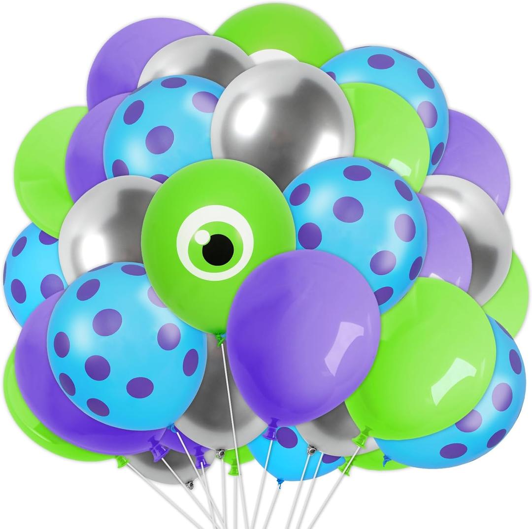 FYSUIMU 60Pcs 12 In Cartoon Monster Theme Balloons Green Purple Blue Silver Latex Balloons for Birthday Baby Shower Party Decor
