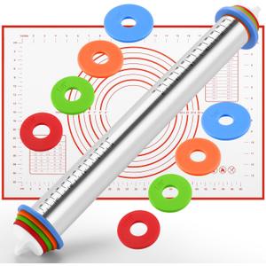Rolling Pin nonstick and Silicone Baking Pastry Mat combo kit, Adjustable Rolling Pin With Thickness Rings for Baking Fondant, Pizza, Pie, Pastry, Pasta, Dough, Cookies (red)