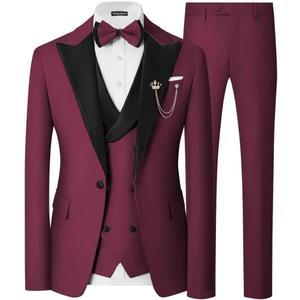Mens 3 Piece Tuxedo Suit Slim Fit Wedding Prom Dinner Tuxedo for Men Double Breasted Suits Set with Bow Tie (Large, Wine Red)