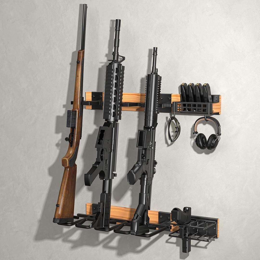 CVLIFE Indoor Gun Racks, Wall Mount 5 Gun Rack with 4 Pistol Holder, Solid Wood & Carbon Steel Wall Gun Racks for Rifle Shotgun Pistol Mag Storage, Vertical Wall Mounted Rifle Rack, Easy Assembly