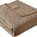 Madison Park Throw Blanket - Reversible Damask Quilting Design, Soft Pre-washed Microfiber, Cotton Filled Spread, Cozy Summer Blanket - Throw for Living Room Couch, Sofa, Bed, Quebec, 60x70", Khaki