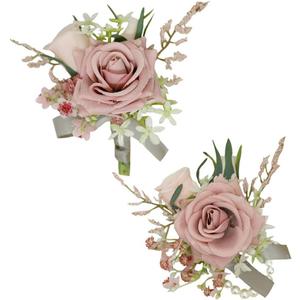 MAFELOE Wrist Corsage and Boutonniere Set Artificial Rose Flowers Accessories for Groom Bride Groomsmen Bridesmaids Wedding Party Prom Suit - Pink B 2 Pieces