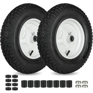 2 x LotFancy 4.80/4.00-8 Tire and Wheel, 2 Pack 16 Inch Pneumatic Wheelbarrow Replacement Wheels, 5/8" Bearings, Adjustable 3" to 7" Centered Hub, for Wheelbarrows, Garden Carts, Yard Wagons
