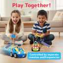 PREXTEX 2 Pack Cartoon Remote Control Cars for Toddlers - Police Car and Race Car with Steering Wheel Controllers and Lights - Different Frequencies Racing Together - Easter Toddler Gift 18+ Months.