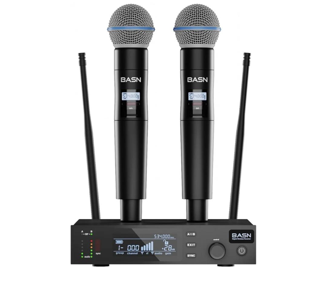 BASN UHF Dual Channel Wireless Microphone System, Handheld Mics for Stage, Karaoke, Weddings, DJ, and Events (Black)