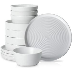 AmorArc Ceramic Dinnerware Sets for 4, 12 Pieces Handpainted Plates and Bowls Set with Rustic Terracotta Underside, Scratch Resistant Stoneware Dishes Set, Dishwasher & Microwave Safe, White