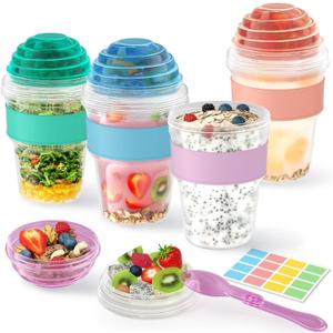 4 Pack Yogurt Parfait Cups with Lids Reusable, 20 oz Plastic Overnight Oats Containers with Lids Spoons Granola Compartment for Fruit Nuts, To Go Overnight Oat Jars for Oatmeal, Snack, Breakfast Prep (Orange, Blue, Purple, Green)