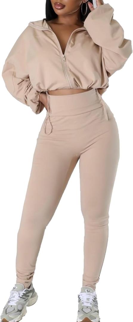 Two Piece Sets for Women Workout Set Crop Top Zipper Long Sleeve High Waist Casual Tracksuit Sweatsuits (X-Large, Khaki)