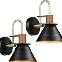 Modern Wall Sconces Set of Two, HWH Industrial Sconce Wall Lighting 1-Light, Gooseneck Barn Wall Vanity Light for Bedroom Kitchen, Hammered Metal Shade, Black and Gold Finish, 5HZG74B-2L BK+BG (Large)