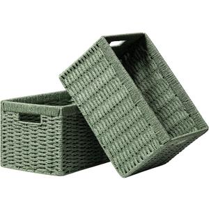 UBBCARE 2 Pack Wicker Basket, 13.4L8.3H7.1W inch Woven Paper Rope Storage Baskets for shelves, Foldable Rectangular Storage Baskets with Handle, Storage Basket for Organizing, Green