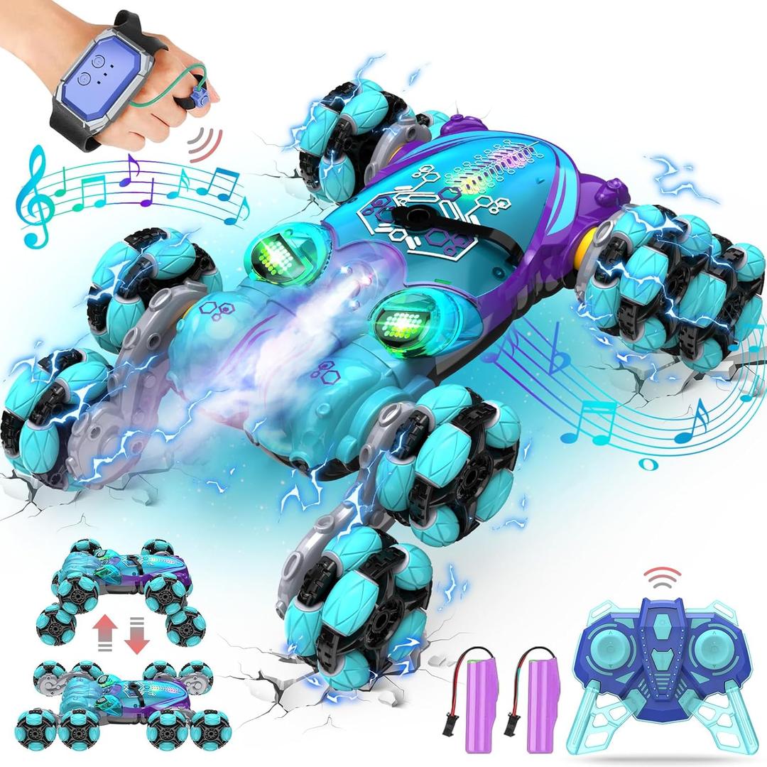 Paaxido 8WD Gesture Sensing RC Stunt Car, Boys Toys with Spray & Light, Hand Controlled RC Car Toys Gift for Kids Boys Age 8-12 (Lake Blue)