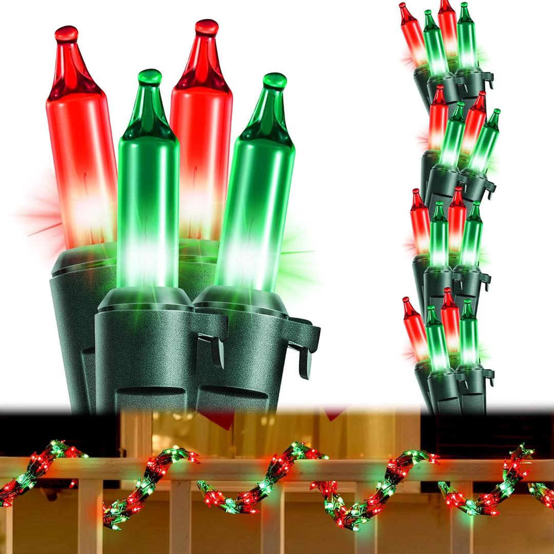 1 Pcs 9' 300 Bulb Christmas Garland String Lights, Incandescent Christmas Connectable Garland Indoor Outdoor Lights for Patio Banisters Columns Xmas Tree Decor (Red/Green Lamps, Green Wire)