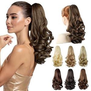 ShulaSHOP Ponytail Extension,14" Short Curly Wavy Claw Clip in Ponytails Hair Extensions Natural Soft Synthetic Hairpiece for Women - Chestnut Brown