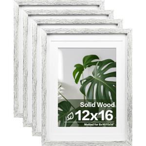 Egofine 12x16 Picture Frames Set of 4, Made of Solid Wood Covered by Plexiglass 9x12 and 11x14 with Mat or 12x16 without Mat, for Wall Mounting Photo Frame Driftwood White