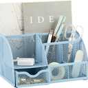 Annova Mesh Desk Organizer Office with 7 Compartments + Drawer/Desk Tidy Candy/Pen Holder/Multifunctional Organizer (New Blue 23)