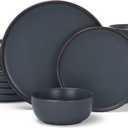 Famiware Mercury Plates and Bowls Sets, 18 Pieces Stoneware Dinnerware Sets, Dishes Set for 6, Microwave and Dishwasher Safe, Charcoal