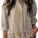 Dokotoo Cropped Button Down Striped Shirt 3/4 Length Sleeve Womens Tops Dressy Casual Blouses Babydoll Tops L